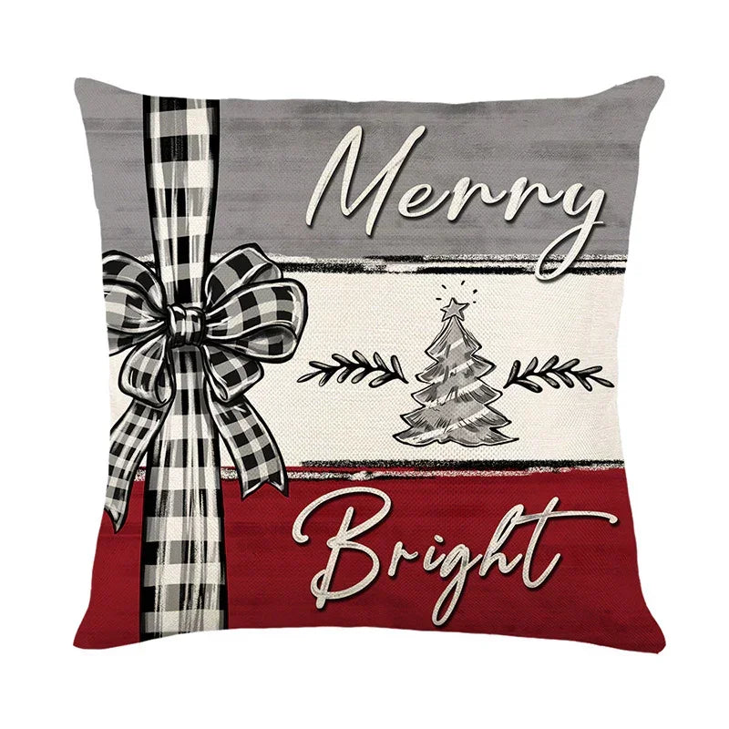 Festive decorative cushion cover with plaid bow, Christmas tree, gray, white, and red color blocks