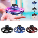 Futuristic LED flying spinner toy in blue, black, and red with transparent plastic design.