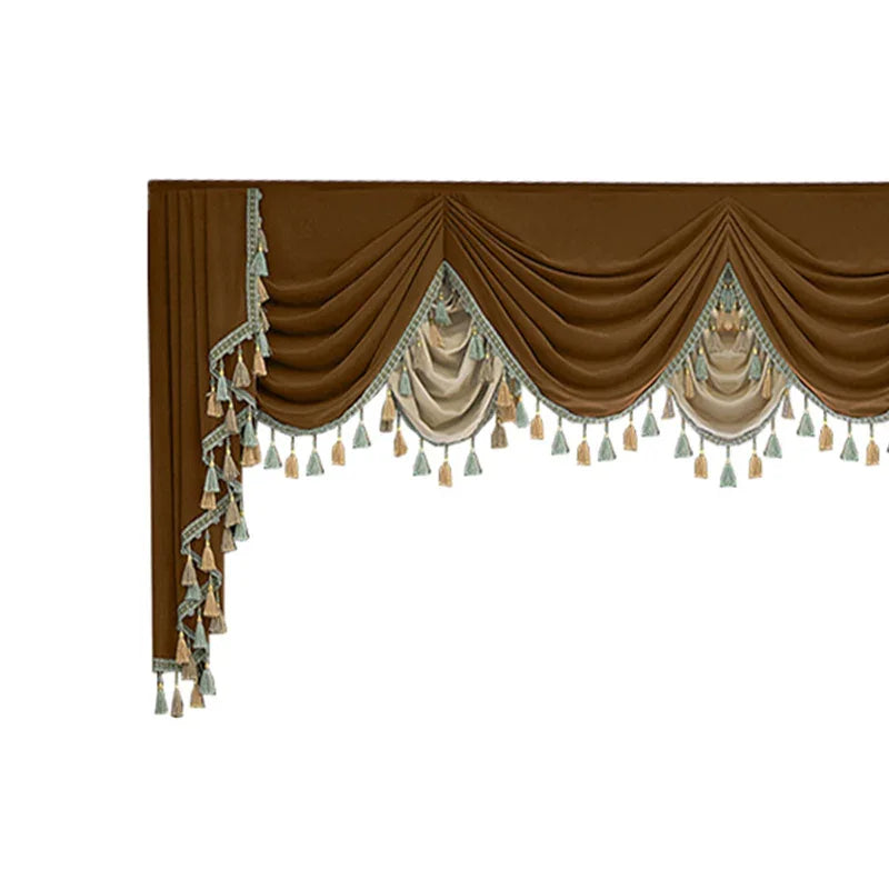 Brown and beige velvet curtains with draped design and decorative tassel trim