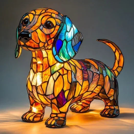 Colorful stained glass dachshund dog lamp with mosaic pattern, lit and glowing
