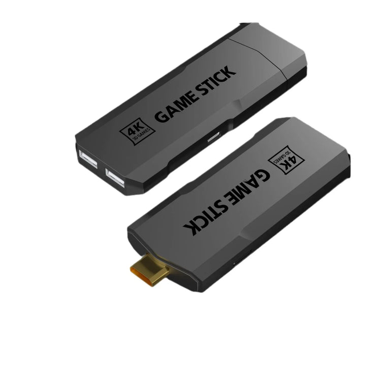 Two black 4K HDMI game sticks with USB ports, sleek plastic design, compact fit