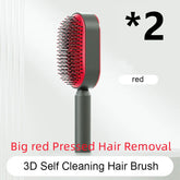 Red and black 3D self-cleaning hair brush with ergonomic handle and pressed bristles