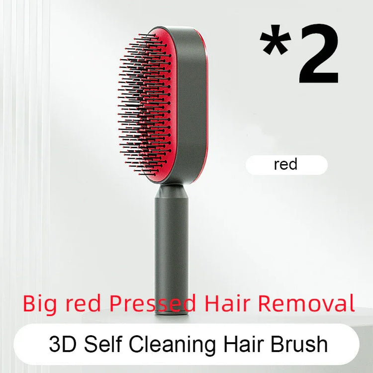 Red and black 3D self-cleaning hair brush with ergonomic handle and pressed bristles