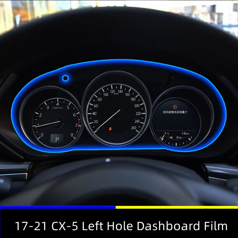 Car dashboard film for 2017-2021 CX-5, illuminated with a blue outline, left hole design