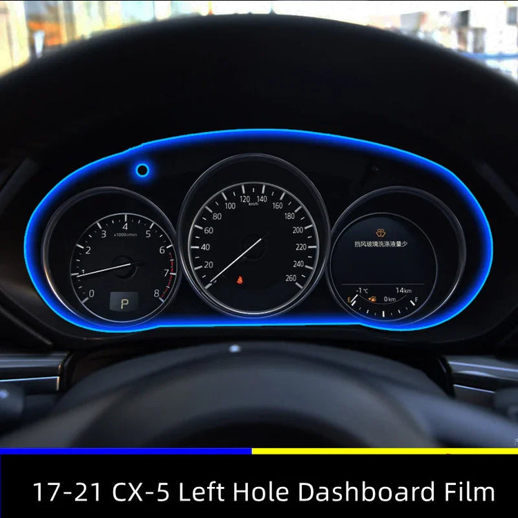 Car dashboard film for 2017-2021 CX-5, illuminated with a blue outline, left hole design