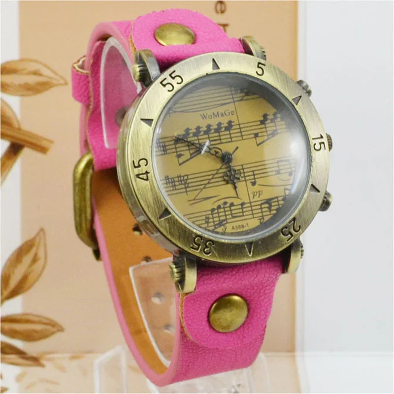 Retro watch with bronze case, yellow music note dial, and pink leather strap