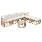 Modern beige rattan sectional sofa set with white cushions and round coffee table, minimalist style