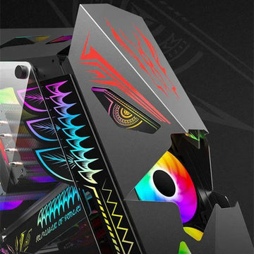Futuristic PC case with geometric patterns, RGB lighting, and metallic finish