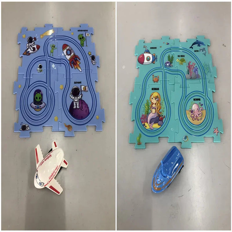 Colorful foam puzzle play mats with cartoon space and ocean themes, includes toy plane and boat.