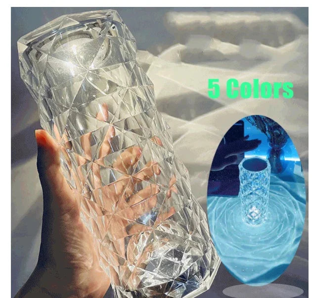 Clear geometric glass tumbler with textured diamond pattern, shown in hand and glowing under LED light, featured in five color options.