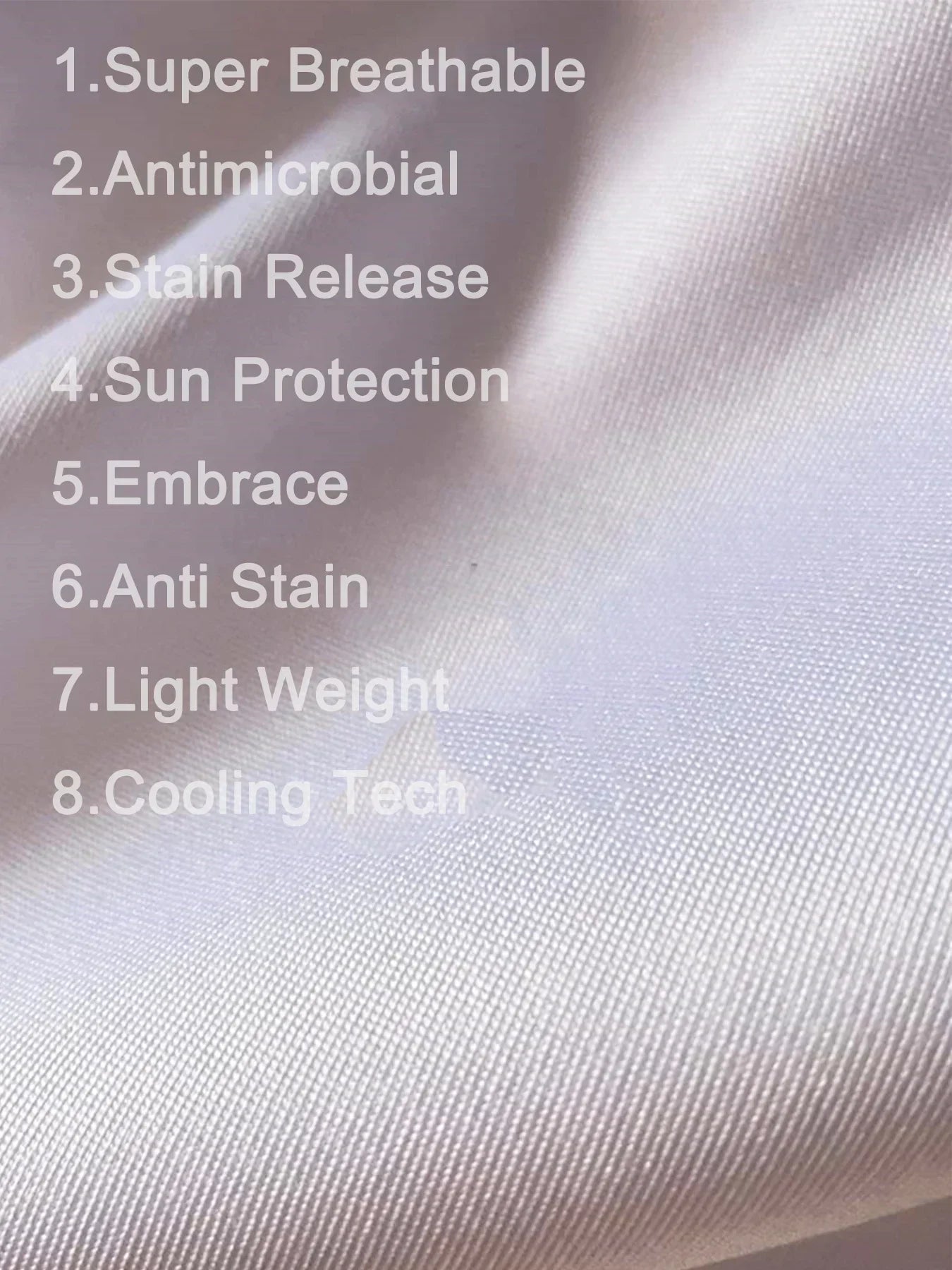 Close-up of light purple performance fabric, highlighting breathable, lightweight, antimicrobial, stain resistant, and sun protection features.