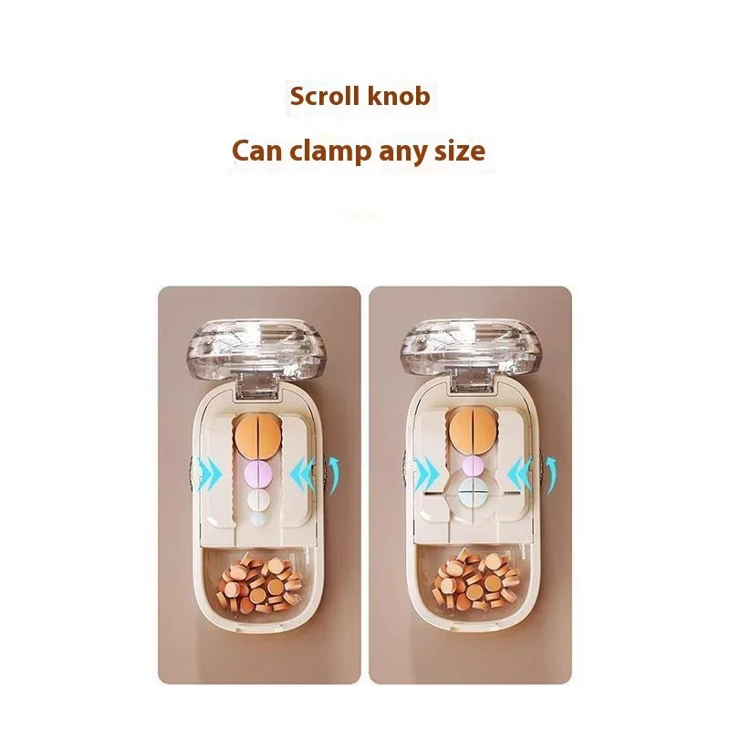 Adjustable pill cutter with clear lid, plastic body, and scroll knob for various tablet sizes