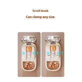 Adjustable pill cutter with clear lid, plastic body, and scroll knob for various tablet sizes