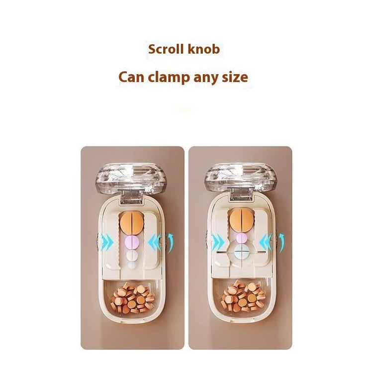 Adjustable pill cutter with clear lid, plastic body, and scroll knob for various tablet sizes