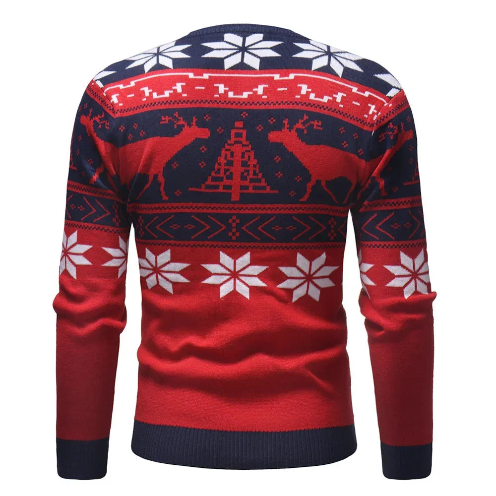 Red and navy knit sweater with white snowflake and reindeer patterns, slim fit