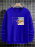 Blue crewneck sweatshirt with graphic art print, relaxed fit, soft cotton material.
