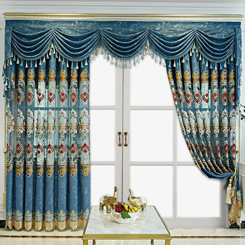 Opulent blue jacquard curtains with gold, red patterns, scalloped valance, and tasseled trim