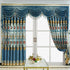 Opulent blue jacquard curtains with gold, red patterns, scalloped valance, and tasseled trim
