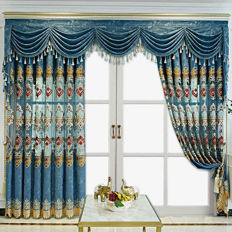 Opulent blue jacquard curtains with gold, red patterns, scalloped valance, and tasseled trim