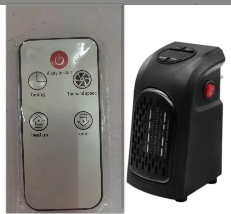 Black portable plug-in electric heater with remote control, adjustable wind speed and timer features.