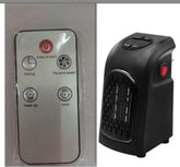 Black portable plug-in electric heater with remote control, adjustable wind speed and timer features.