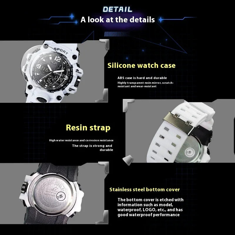 White silicone digital-analog sport watch with resin strap and stainless steel back, close-up details.