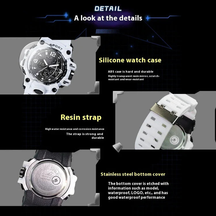 White silicone digital-analog sport watch with resin strap and stainless steel back, close-up details.