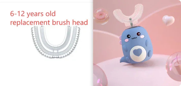 Kids electric toothbrush with soft U-shaped silicone brush head, playful blue whale design, suitable for ages 6-12.