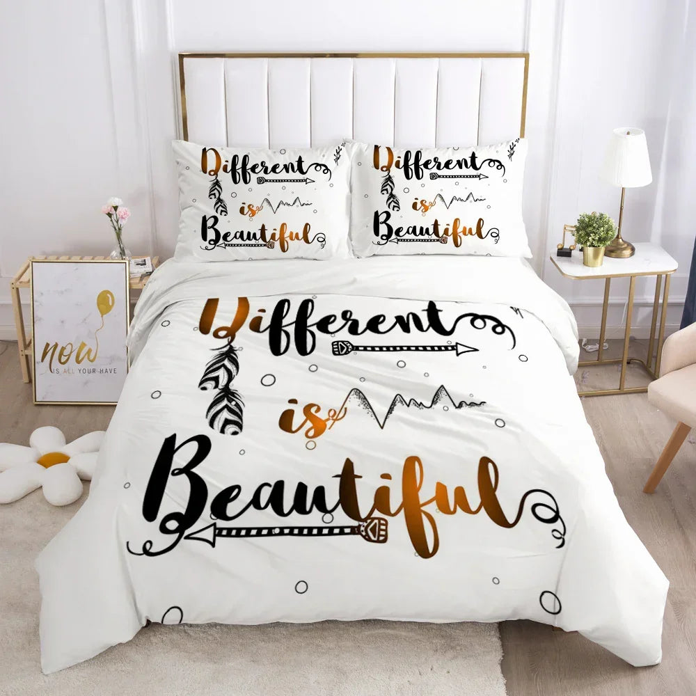 Modern white bedding set with black and gold 'Different is Beautiful' print, cotton material, cozy fit