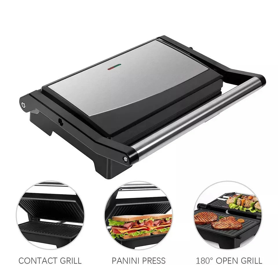 Stainless steel electric grill with non-stick plates, shown as contact grill, panini press, and open grill.