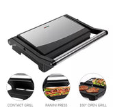Stainless steel electric grill with non-stick plates, shown as contact grill, panini press, and open grill.