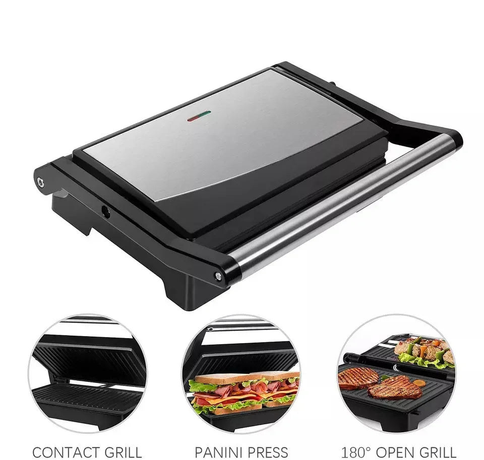 Stainless steel electric grill with non-stick plates, shown as contact grill, panini press, and open grill.