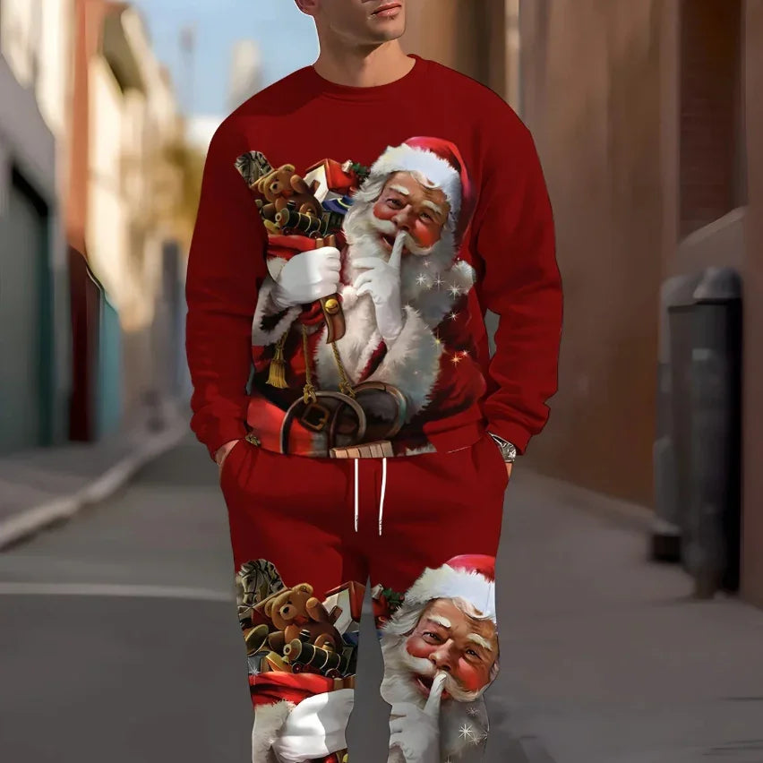Man wearing red streetwear set with Santa Claus graphic print, relaxed fit, festive style
