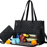 Black quilted tote bag with insulated food compartment, carrying fruit and drinks.