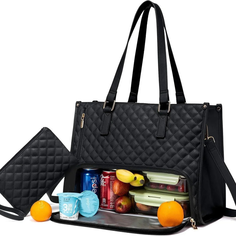 Black quilted tote bag with insulated food compartment, carrying fruit and drinks.