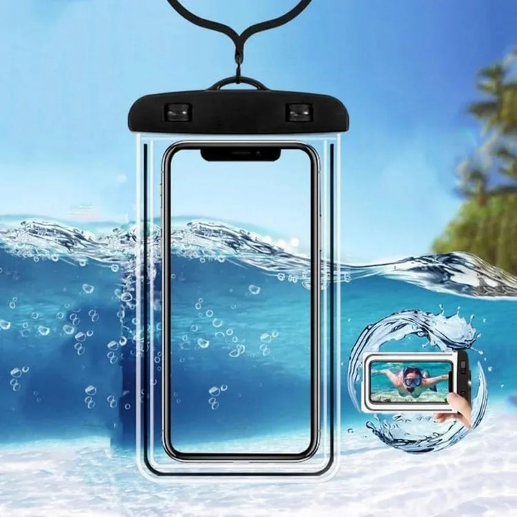 Clear waterproof phone pouch with black seal, floating in blue water, outdoor beach setting