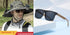 Man wearing wide-brim camo hat with solar panels and fans, and sport sunglasses with black frames and wood arms.