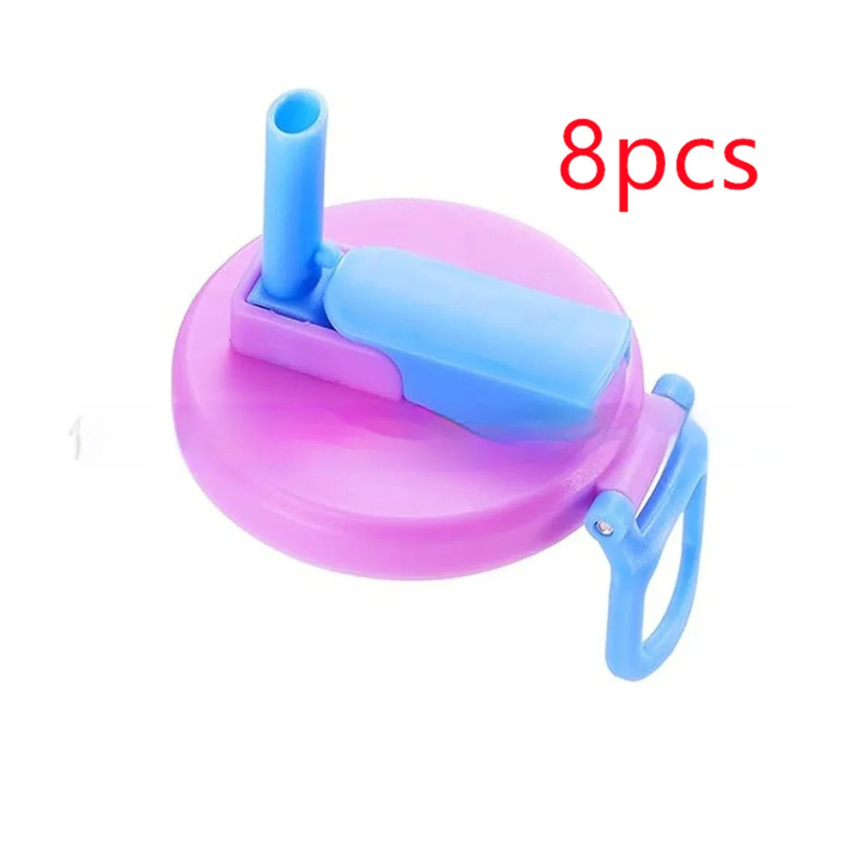 Purple and blue plastic bottle cap with straw and handle, set of 8 pieces