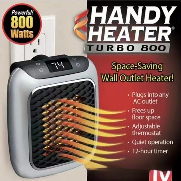Wall outlet heater with digital display, adjustable thermostat, compact space-saving design
