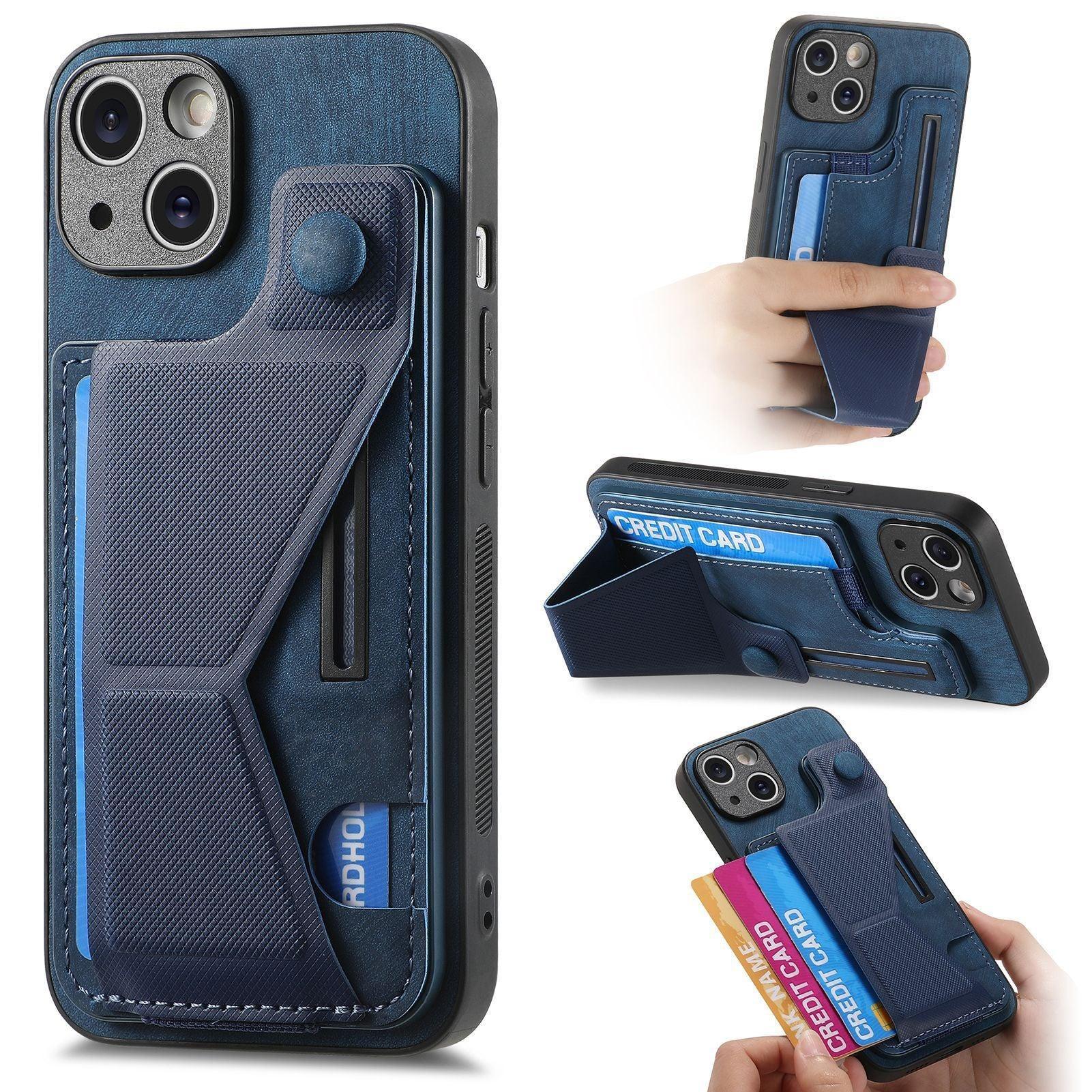 Blue faux leather phone case with card holder, kickstand, and slim fit design