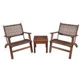 Two brown woven rattan chairs with wooden arms and a matching wooden side table set