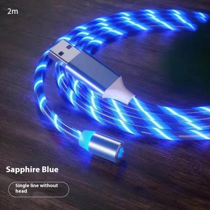 Sapphire blue LED USB charging cable, 2 meters, glowing, flexible design, tech accessory