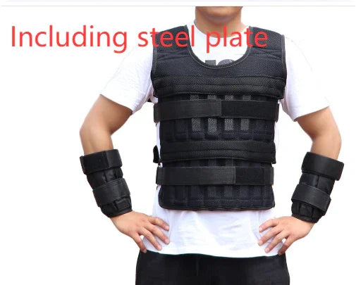 Black tactical vest and arm guards over white t-shirt, adjustable straps, modern streetwear style
