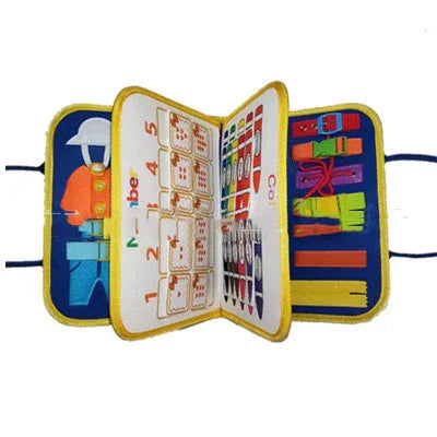 Colorful interactive fabric activity book with clothing, math, and buckle learning pages