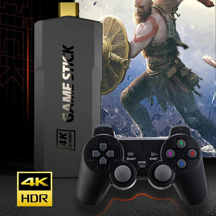 Black wireless game controller and 4K HDR game stick with futuristic action background