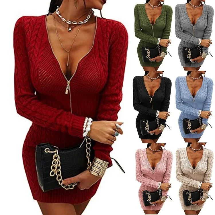 Bodycon cable knit mini dress with zipper front, long sleeves, shown in multiple colors