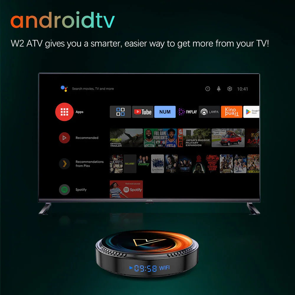 Smart TV with streaming platform interface and sleek round media player device on green background