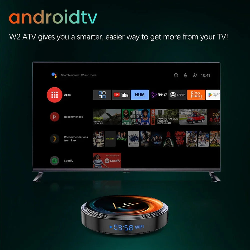 Smart TV with streaming platform interface and sleek round media player device on green background
