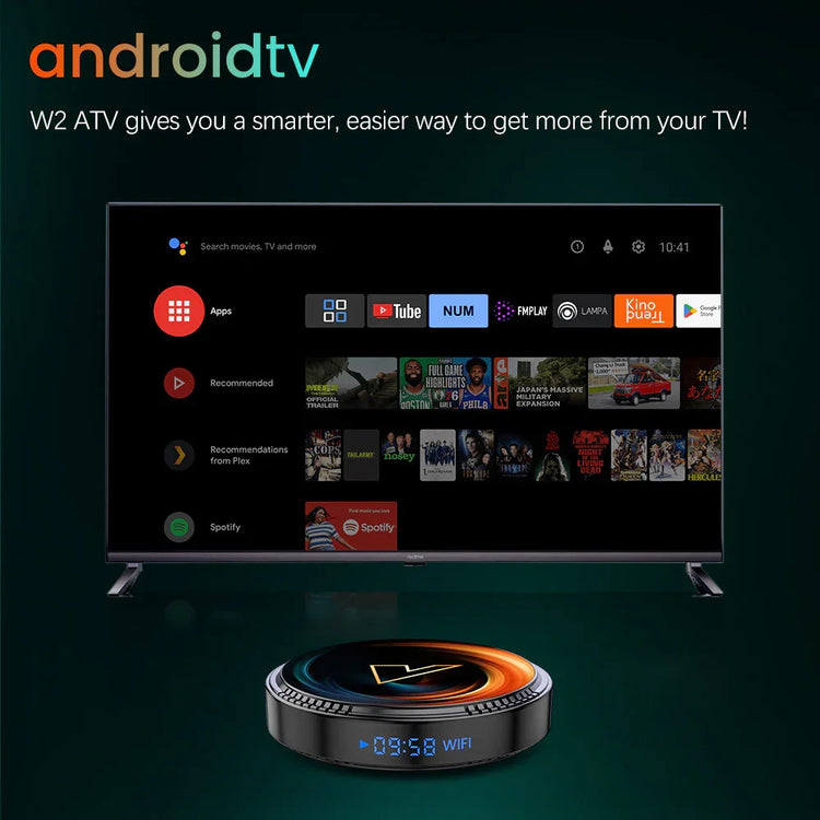 Smart TV with streaming platform interface and sleek round media player device on green background