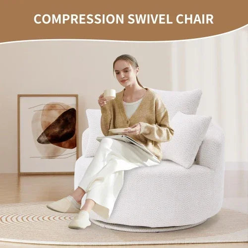 Woman in relaxed beige and white loungewear sitting on a textured white swivel chair in a modern living room.